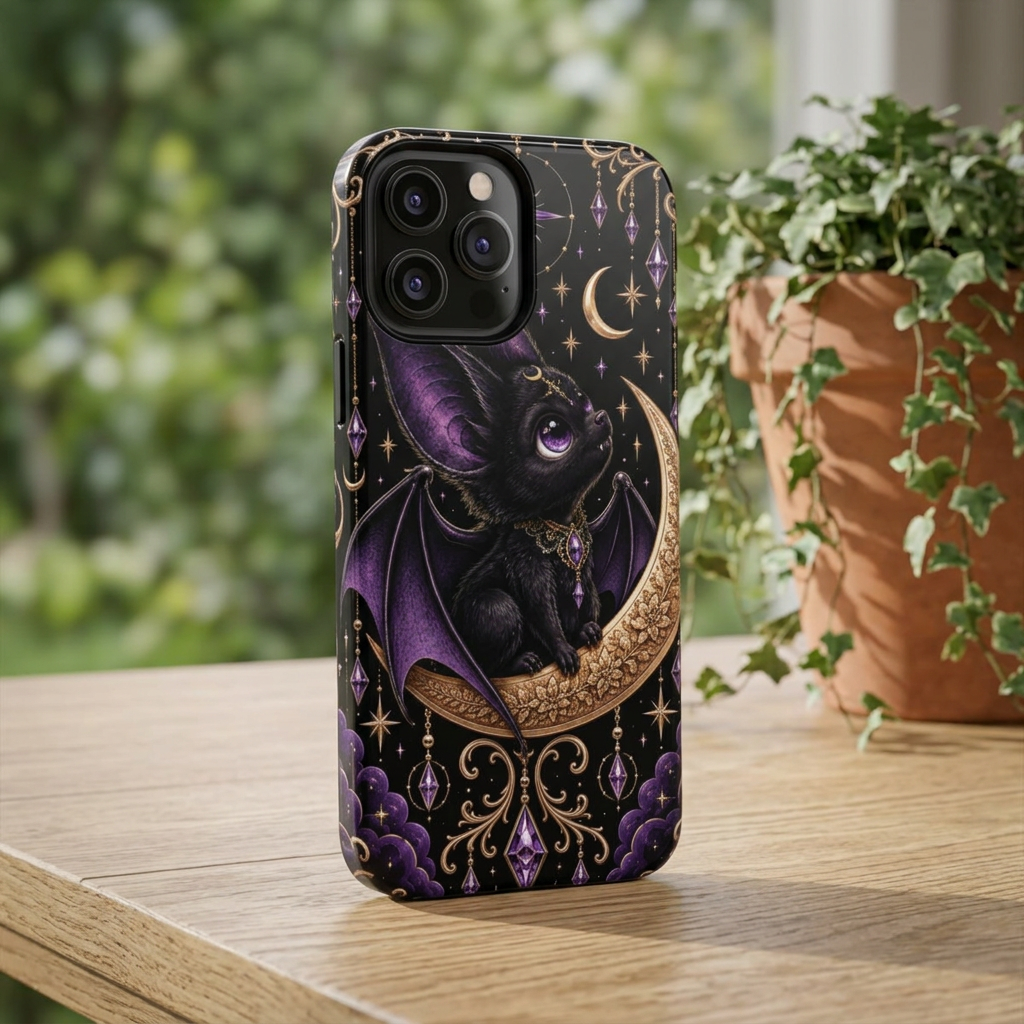 Vespertine Gothic Moon Bat phone case displayed upright on a table, featuring a black bat, crescent moon, purple crystals, stars, and ornate gold details