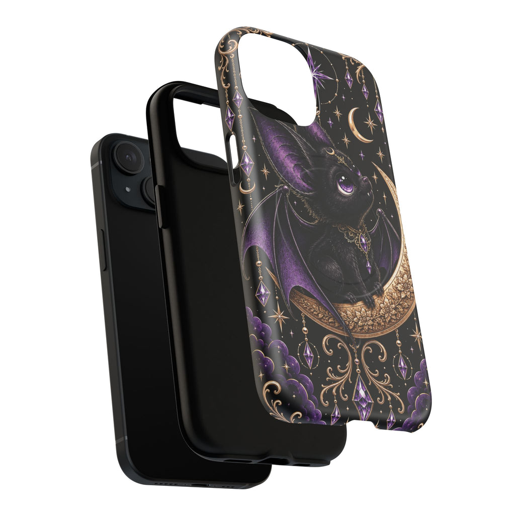 Vespertine Gothic Moon Bat phone case featuring a black bat, purple crystals, crescent moon, stars, and ornate gold celestial details