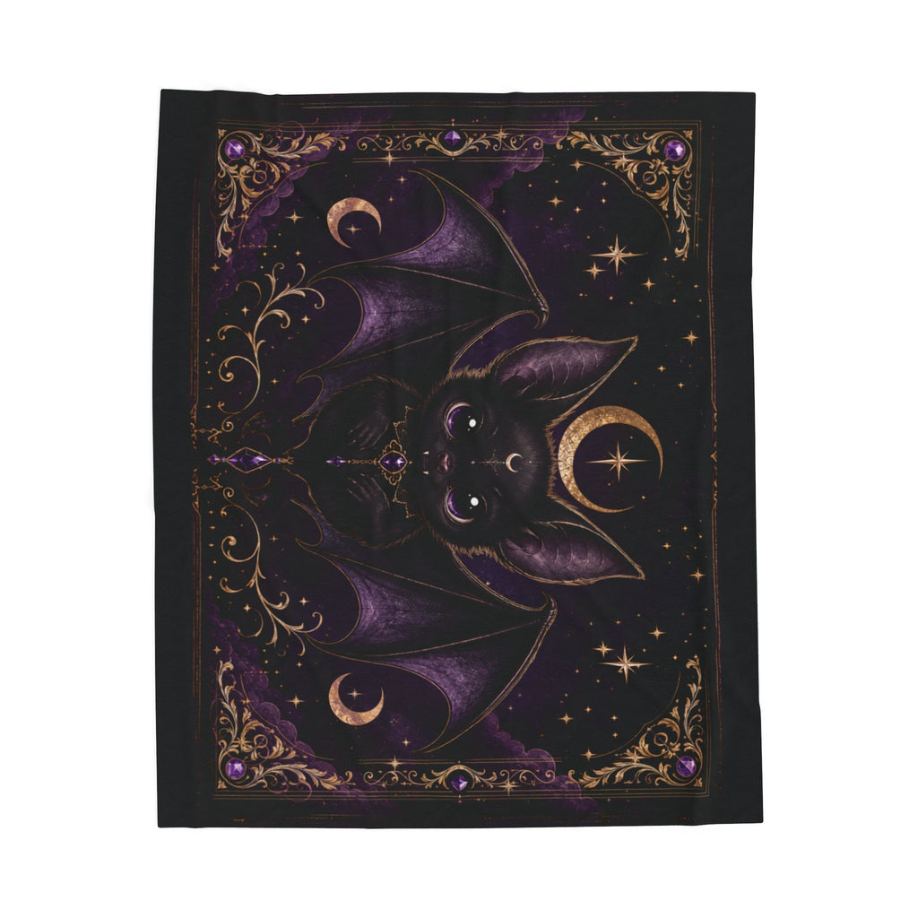 Vespertine Gothic Moon Bat velveteen plush blanket featuring purple bat artwork, crescent moons, stars, and ornate gold celestial borders