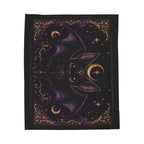 Vespertine Gothic Moon Bat velveteen plush blanket featuring purple bat artwork, crescent moons, stars, and ornate gold celestial borders