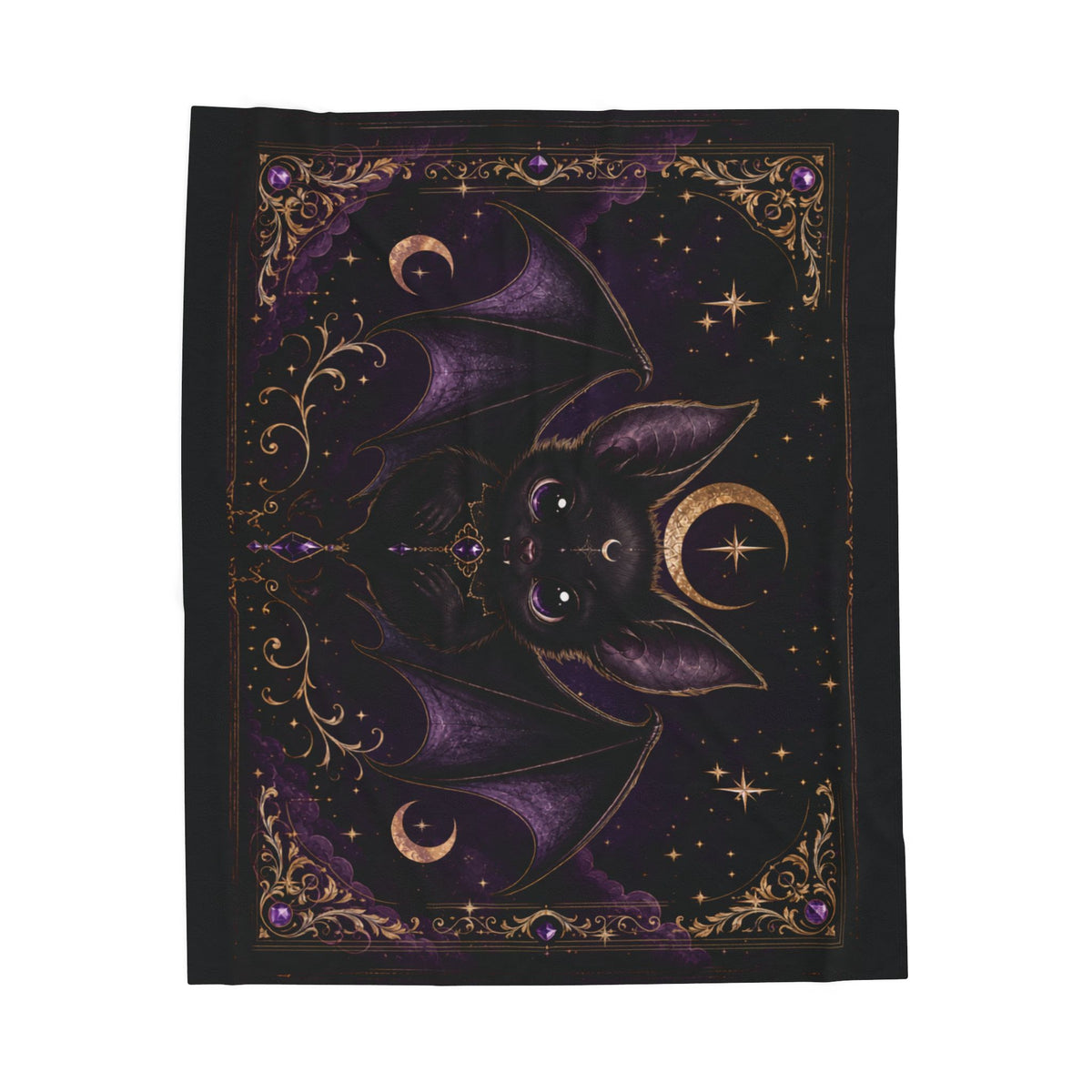 Vespertine Gothic Moon Bat velveteen plush blanket featuring purple bat artwork, crescent moons, stars, and ornate gold celestial borders