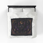 Vespertine Gothic Moon Bat velveteen plush blanket displayed flat on a bed with celestial bat artwork
