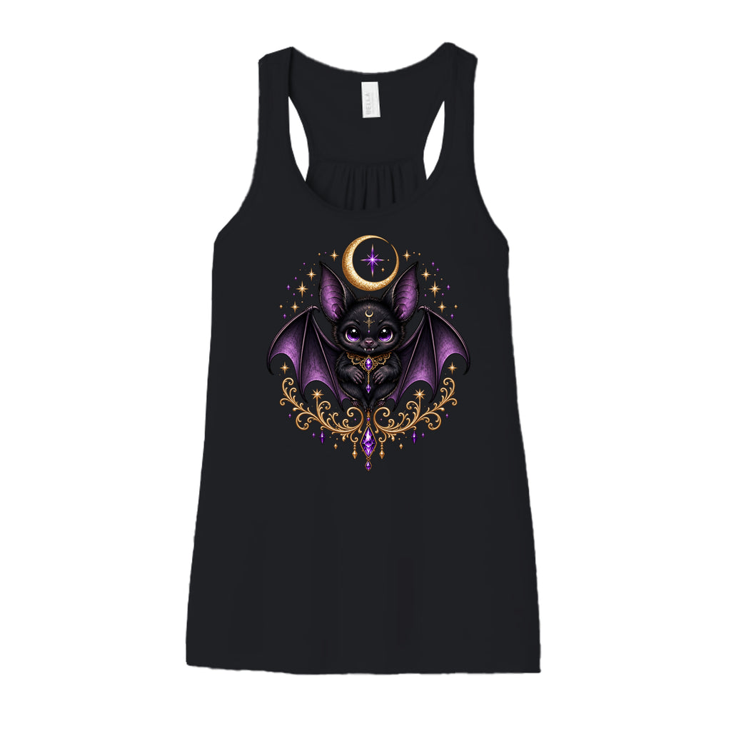 Vespertine Moonwatcher black racerback tank featuring a purple gothic bat, crescent moon, stars, and ornate gold celestial details on the front