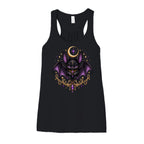 Vespertine Moonwatcher black racerback tank featuring a purple gothic bat, crescent moon, stars, and ornate gold celestial details on the front
