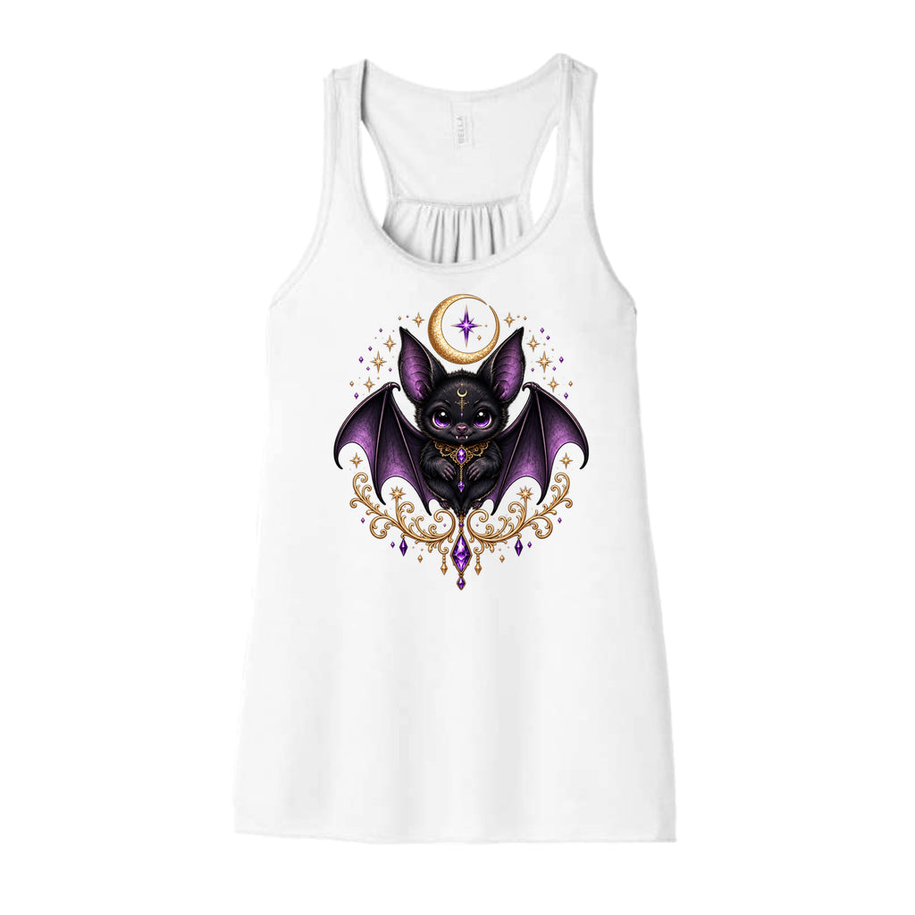 Vespertine Moonwatcher white racerback tank featuring a purple gothic bat, crescent moon, stars, and ornate gold celestial details on the front