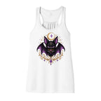 Vespertine Moonwatcher white racerback tank featuring a purple gothic bat, crescent moon, stars, and ornate gold celestial details on the front