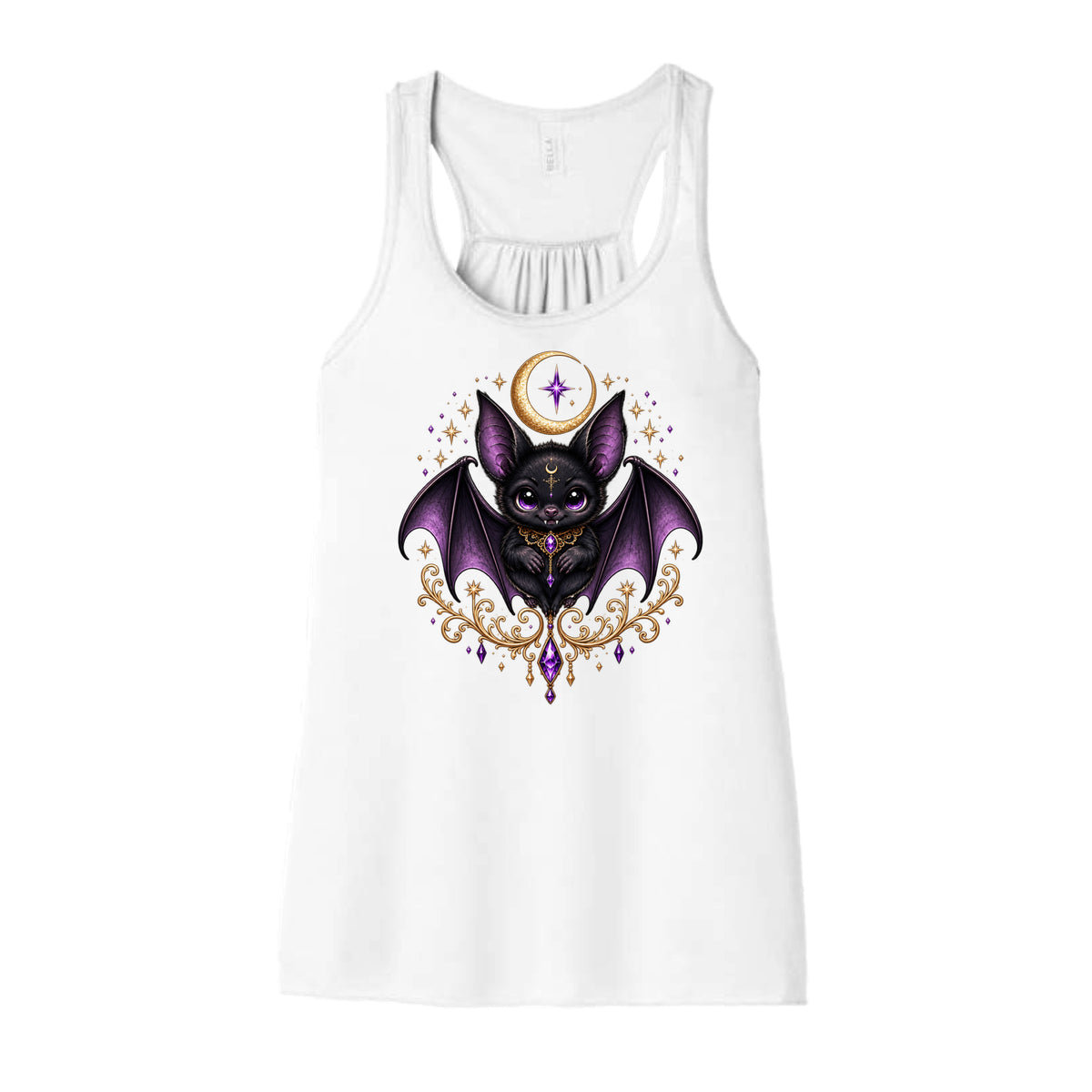 Vespertine Moonwatcher white racerback tank featuring a purple gothic bat, crescent moon, stars, and ornate gold celestial details on the front