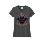 Vespertine Moonwatcher charcoal T-shirt featuring a purple gothic bat, crescent moon, stars, and ornate gold celestial details on the front