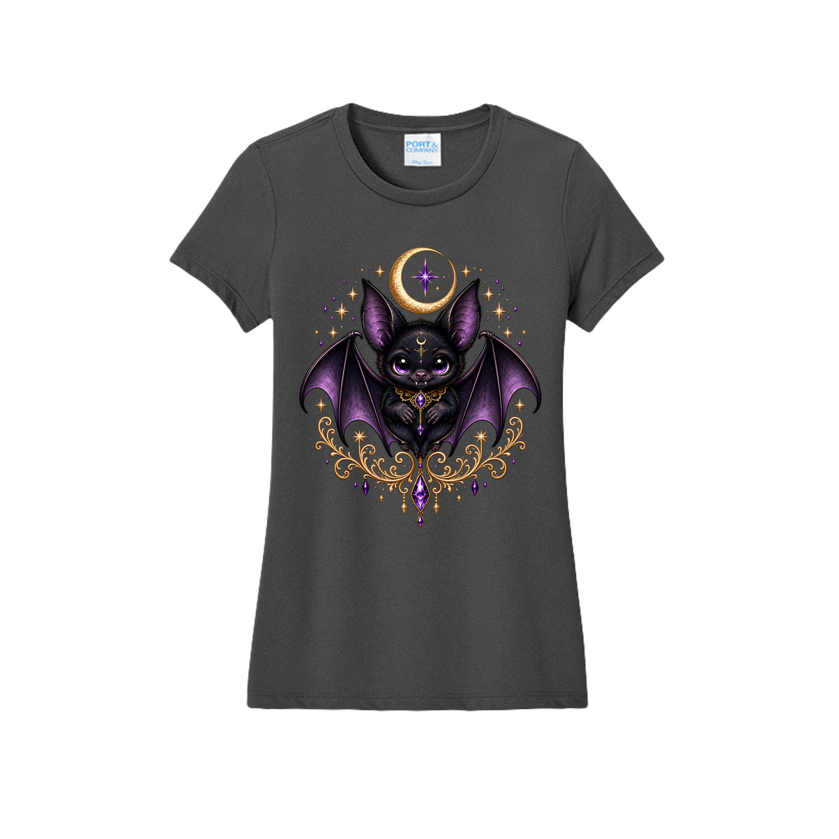 Vespertine Moonwatcher charcoal T-shirt featuring a purple gothic bat, crescent moon, stars, and ornate gold celestial details on the front