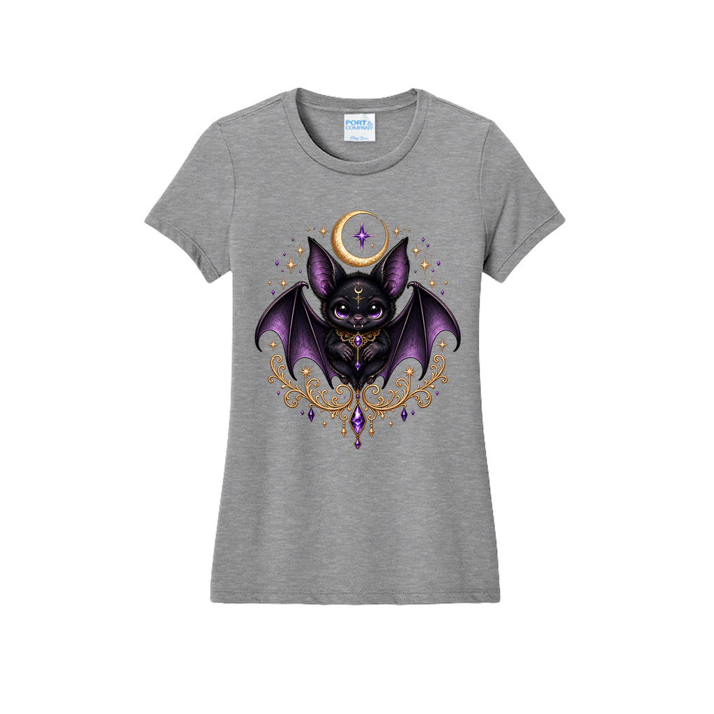 Vespertine Moonwatcher gray T-shirt featuring a purple gothic bat, crescent moon, stars, and ornate gold celestial details on the front