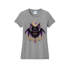 Vespertine Moonwatcher gray T-shirt featuring a purple gothic bat, crescent moon, stars, and ornate gold celestial details on the front