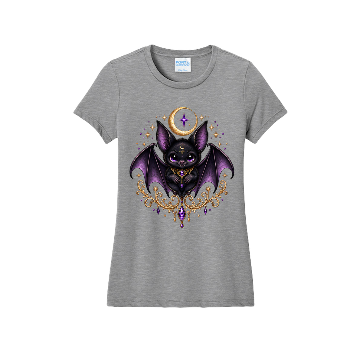 Vespertine Moonwatcher gray T-shirt featuring a purple gothic bat, crescent moon, stars, and ornate gold celestial details on the front