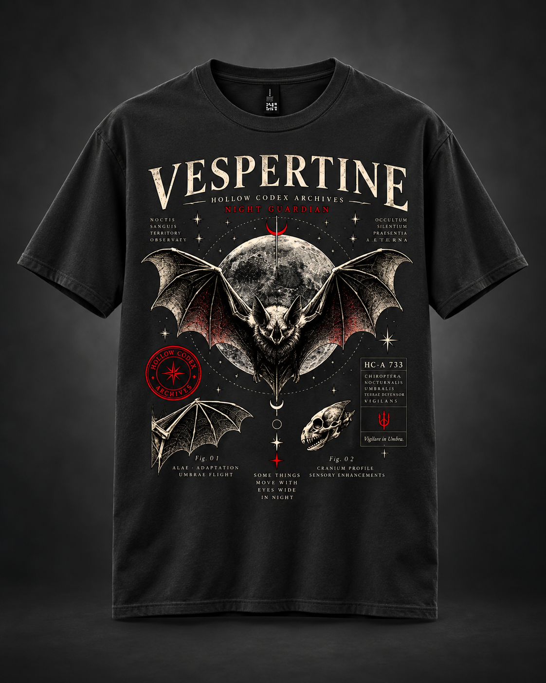 Front studio view of a black Vespertine Night Guardian graphic T-shirt featuring a celestial bat specimen design with moon and red accents.