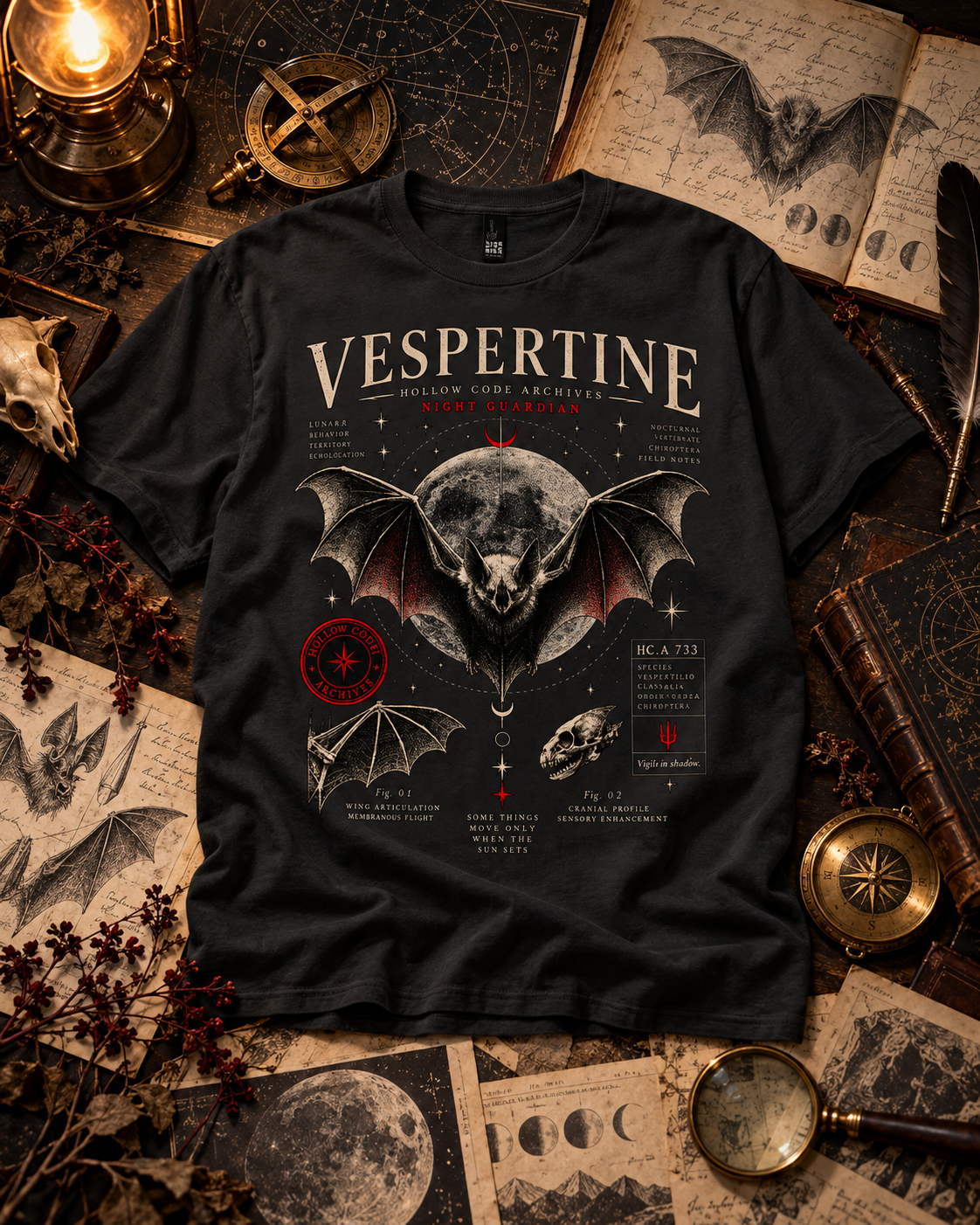 Black Vespertine Night Guardian graphic T-shirt displayed with celestial charts, bat sketches, antique instruments, and archival research materials.