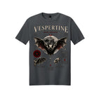 Vespertine Night Guardian black T-shirt featuring a gothic bat illustration, moon, stars, and red occult-style details on the front