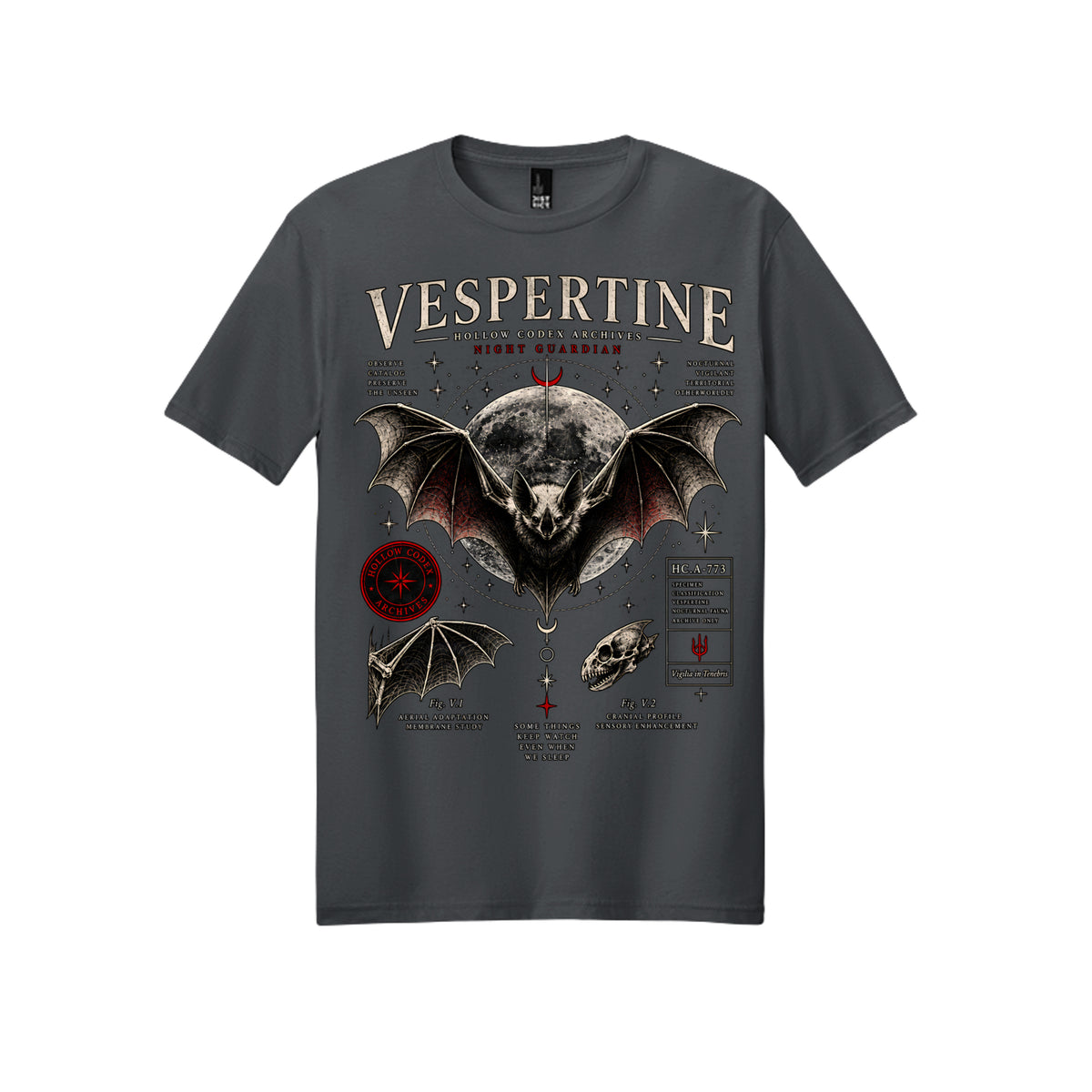 Vespertine Night Guardian black T-shirt featuring a gothic bat illustration, moon, stars, and red occult-style details on the front