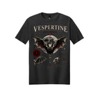 Vespertine Night Guardian black T-shirt featuring a gothic bat illustration, moon, stars, and red occult-style details on the front
